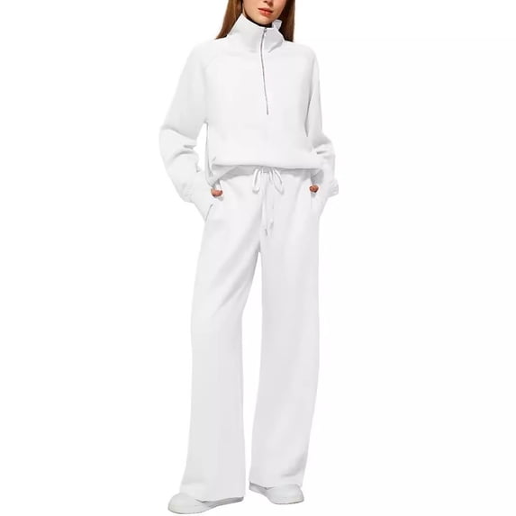 Tthxqing Women Outfits Sets Trendy 2 Piece Half Zip Sweatshirts with Pocket Baggy Wide Leg Pants Causal Loose Travel Lounge Tracksuit Sets White XL
