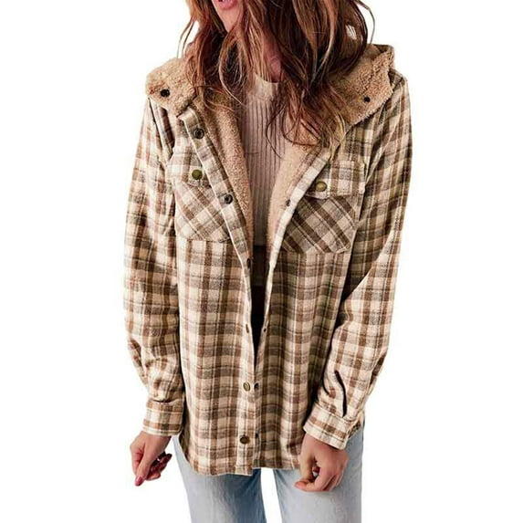 Tthxqing Womens Fleece liner hooded Jacket Plaid printed Long Sleeve Button Down Hood Shacket Coat vintage warm hoodies with pocket Khaki L