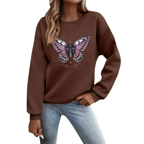 Tthxqing Womens Graphic Sweatshirts Trendy Butterfly Printed Pullovers Long Sleeve Plus Size Crew Neck Fall Tops X_Brown S