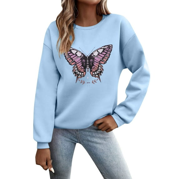 Tthxqing Womens Graphic Sweatshirts Trendy Butterfly Printed Pullovers Long Sleeve Plus Size Crew Neck Fall Tops X_Light Blue L