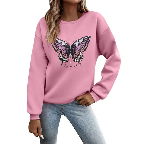 Tthxqing Womens Graphic Sweatshirts Trendy Butterfly Printed Pullovers Long Sleeve Plus Size Crew Neck Fall Tops X_Pink XL