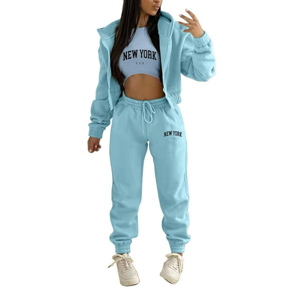 Tthxqing Womens Hoodies Sets 3 Piece Outfits Loungewear Set,Trendy Full Zip up Cropped Hoodies Baggy Sweatpants New York Tank Tops Yoga Running Workout Sportswear Set Blue M