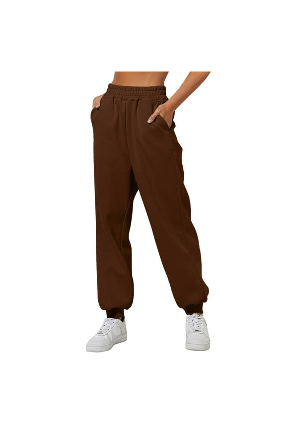 Tthxqing Womens Plus Size Baggy Joggers with Pocket Trendy Elastic Waist Sweatpants Causal Solid Workout Running Yoga Pants Brown S