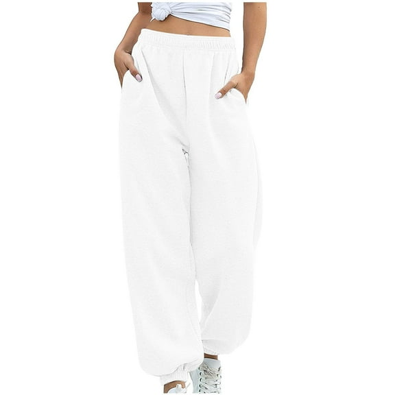 Tthxqing Womens Plus Size Baggy Sweatpants Trendy Elastic Waist Solid Joggers Causal Workout Running Yoga Pants with Pockets White1 L