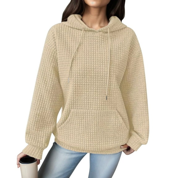 Tthxqing Womens Waffle Hoodies Causal Long Sleeve Loose Fit Pullovers Fall V Neck Drawstrings Sweatshirt Tops with Pockets Beige S