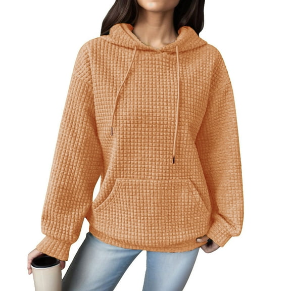 Tthxqing Womens Waffle Hoodies Causal Long Sleeve Loose Fit Pullovers Fall V Neck Drawstrings Sweatshirt Tops with Pockets Orange1 L