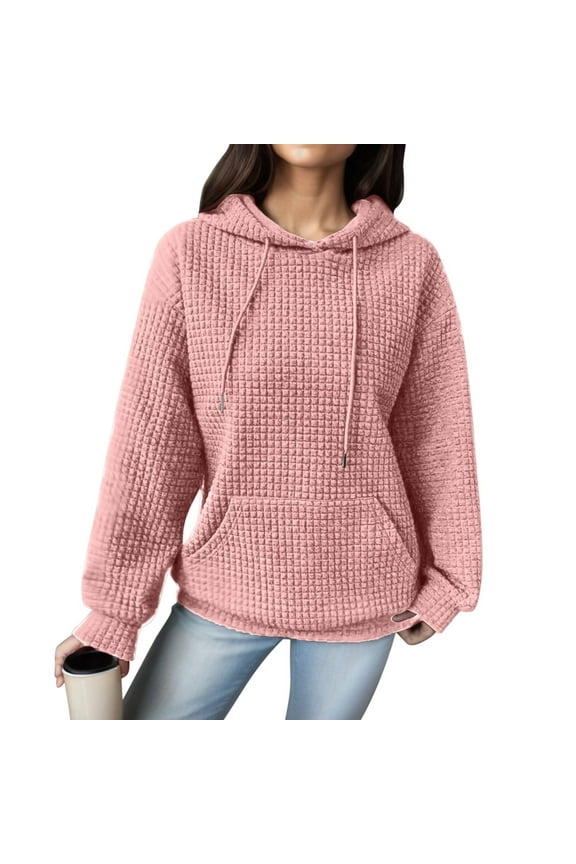 Tthxqing Womens Waffle Hoodies Causal Long Sleeve Loose Fit Pullovers Fall V Neck Drawstrings Sweatshirt Tops with Pockets Red1 S