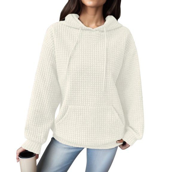 Tthxqing Womens Waffle Hoodies Causal Long Sleeve Loose Fit Pullovers Fall V Neck Drawstrings Sweatshirt Tops with Pockets White S