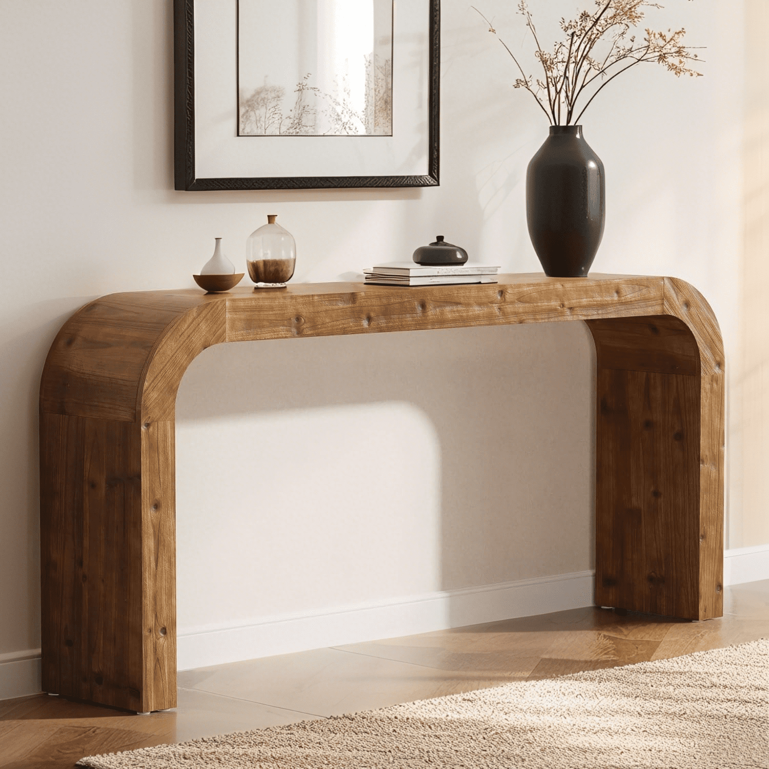 Solid Wood Console Table, 70.87-Inch Farmhouse Sofa Table with Waterfall Curved Corners for Entryway, Hallway, Living Room or Behind Couch