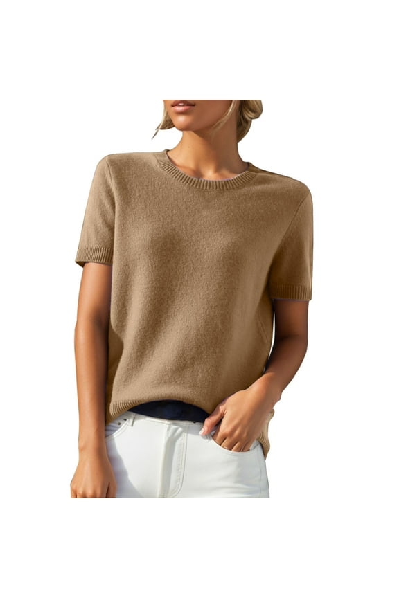 Womens Cashmere Knit T Shirts Short Sleeve Crewneck Sweater Summer Casual T-Shirt Solid Color Classic Tee Pullover