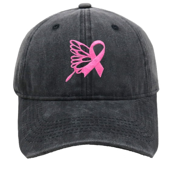 Ttongbb Hats Breast Cancer Awareness Pink Ribbon Heart Wing Embroidered Washed Multi-Color Baseball Hats Soft Caps For Party