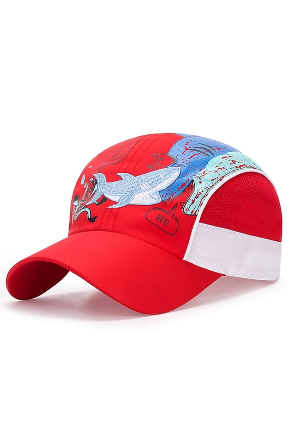 Hats Children's Contrast-Color Shark Embroidery Mesh Lightweight Breathable Adjustable Baseball Cap Sunshade Headwear