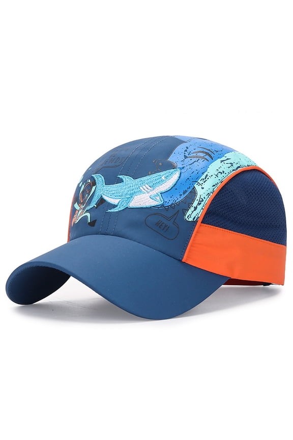 Hats Children's Contrast-Color Shark Embroidery Mesh Lightweight Breathable Adjustable Baseball Cap Sunshade Headwear
