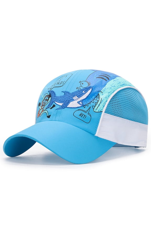 Hats Children's Contrast-Color Shark Embroidery Mesh Lightweight Breathable Adjustable Baseball Cap Sunshade Headwear