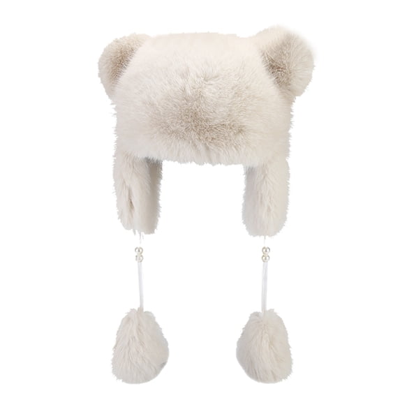 Ttongbb Hats Thickened Cute Fuzzy Bear Ears Warm Pullover Decorative Bead Tassel Ear Flap Hat Cold Weather Outwear Headwear