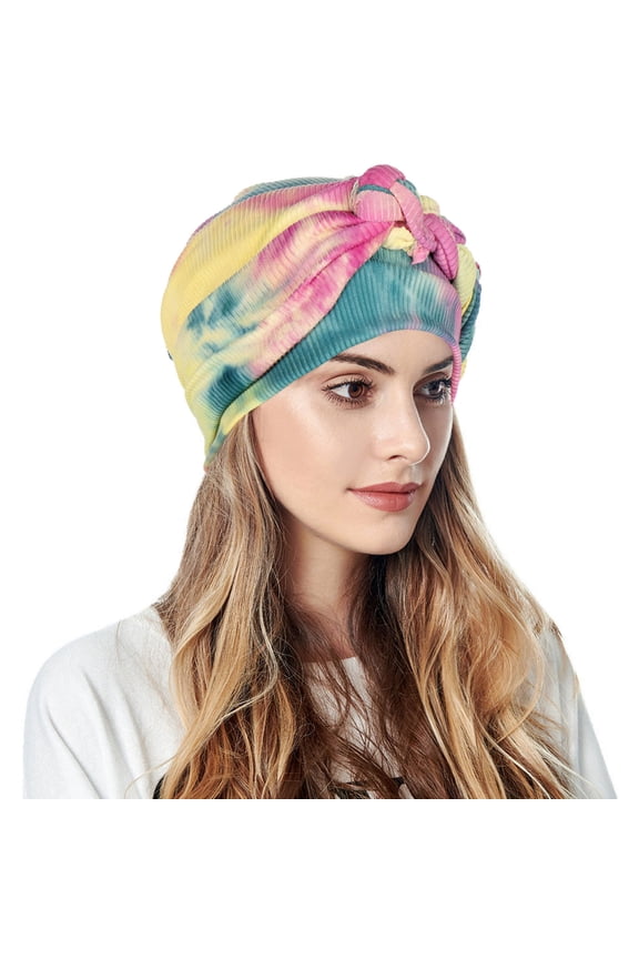 Hats Women Gradient Tie Dye Print Twist Knot Turban Stretch Ribbed Hair Wrap Cover Cap Daily Travel Hiking Headwear