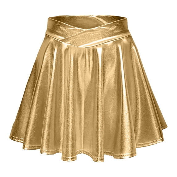 Ttongbb Skirts High Waist Pleated Solid Color Short Shiny Flared V-shaped Fold Skirt With Crisscross Waistband Dance Skirts