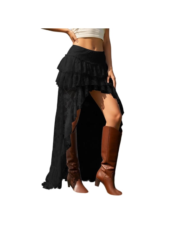 Skirts Irregular High Low Lace Maxi Multi Ruffle Tiered Asymmetrical Sheer Long Skirt Party Travel Vacation Skirts