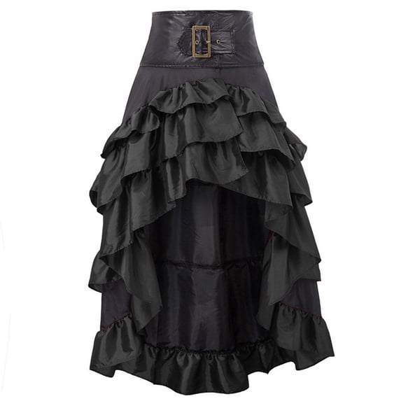 Ttongbb Skirts Retro Front Short Back Long Irregular Ruffle Tiered Long High Waist Steampunk Skirt With Buckle Stage Skirts