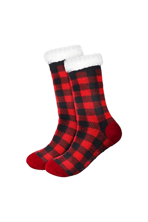 Socks Buffalo Plaid Print Fleece Lined Plus Velvet Thick Crew Socks Carpet Footwear For Indoor Sleep Cold Weather