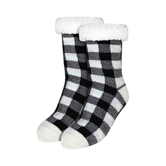 Ttongbb Socks Buffalo Plaid Print Fleece Lined Plus Velvet Thick Crew Socks Carpet Footwear For Indoor Sleep Cold Weather