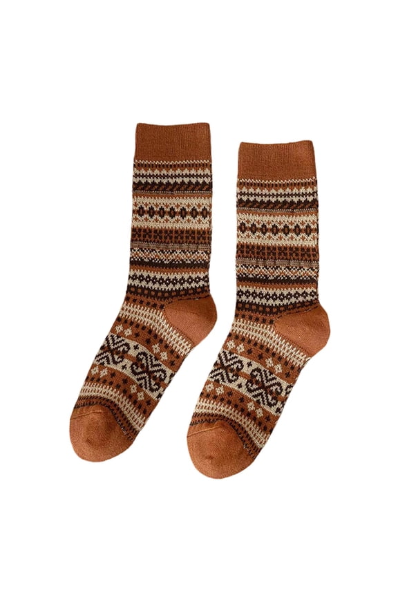 Socks Retro Nordic Fair Isle Pattern Double Knit Ethnic Style Stackable Mid Calf Socks Outdoor Activities Casual Footwear
