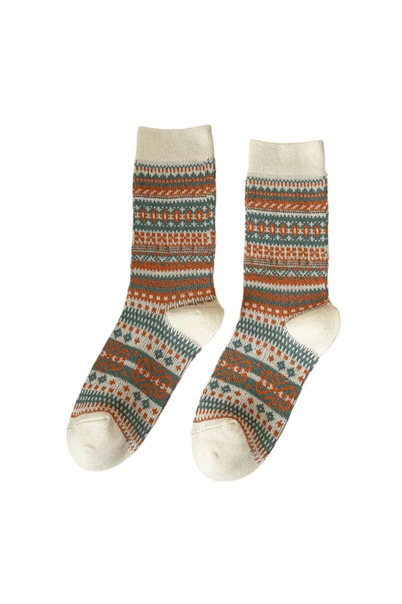 Socks Retro Nordic Fair Isle Pattern Double Knit Ethnic Style Stackable Mid Calf Socks Outdoor Activities Casual Footwear
