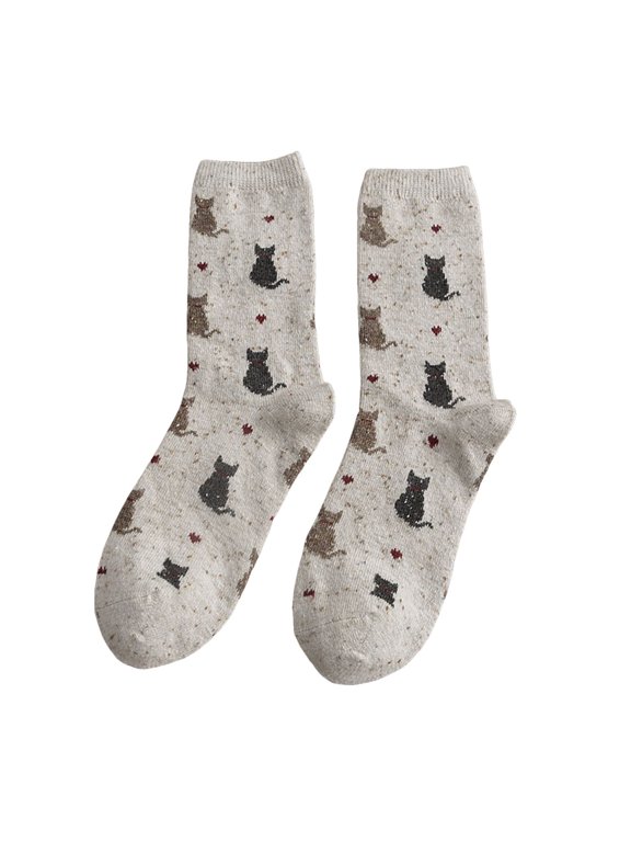 Socks Unisex Cat-Patterned Lined Fold-Over Slipper Fuzzy Cozy Warm Mid Knit Floor Socks Winter Home Socks