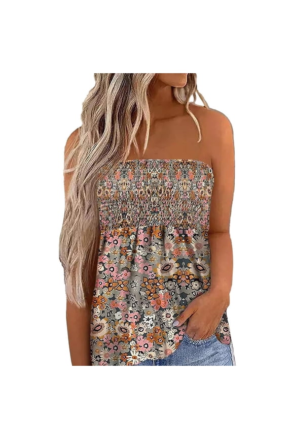 Tank Tops Women Floral Print Smocked Strapless Tube Tops Loose Flared Mid Length Summer Beach Vacation Bandeau Camisole