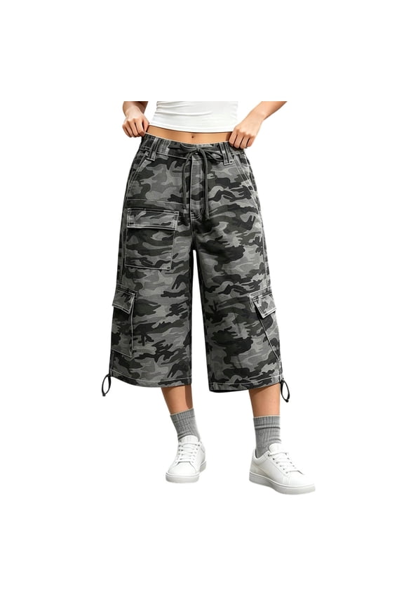 Women Pants Camo Print Drawstring Elastic Waist Multi Pockets Loose Adjustable Cuff Cargo Capri For Casual Outdoor