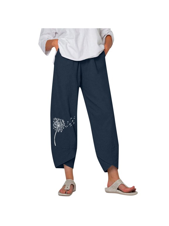 Women Pants Dandelion Print 7/8 Length Balloon Drawstring Irregular Wrap Hem Loose Ankle Pants Vacation Casual Trousers
