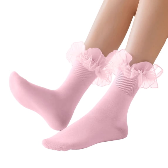 Ttongbb Women Socks Lace Ruffle Detail Solid Color Stretchable Hosiery Crew Socks Everday Commuting Short Footwear