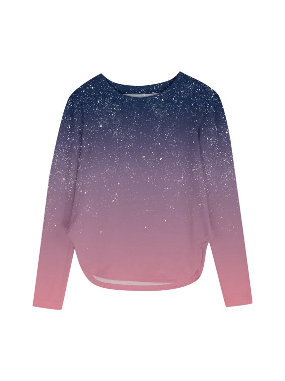 Girls Crew Neck Star Print Gradient Long Sleeve Top, Curved Side Split Hem Loose Soft Jersey Pullover, Lightweight Casual Outdoor Daily Wear Shirts Multicolor,5 Years