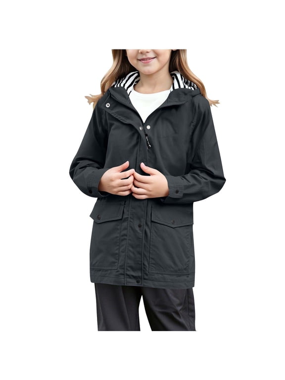 Girls Hooded Mid Length Utility Jacket, Striped Lined Hood, Button Zipper Closure Multi Flap Pockets Long Sleeve Windproof Outdoor Outerwear Dark Gray,13 Years