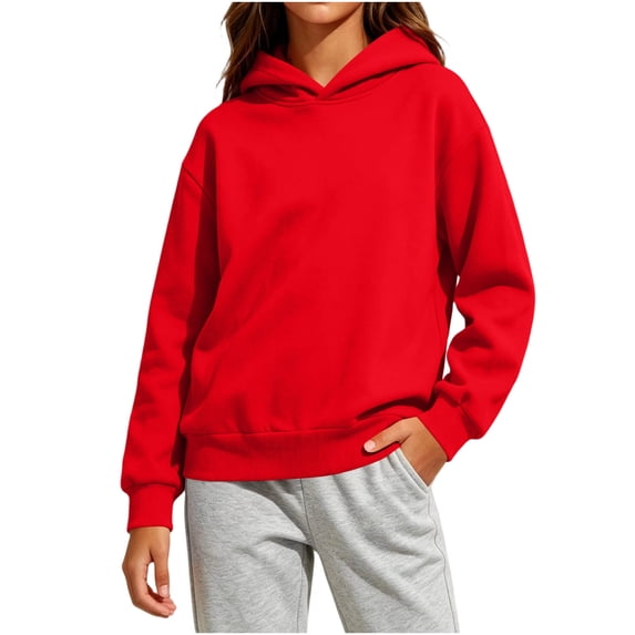 TtopsQueen Girls Plain Oversized Hoodie Pullover, Solid Blank Long Sleeve Sweatshirt with Ribbed Cuff Hem, Soft Fleece Lightweight Casual School Daily Layering Hooded Top Red,5-6 Years