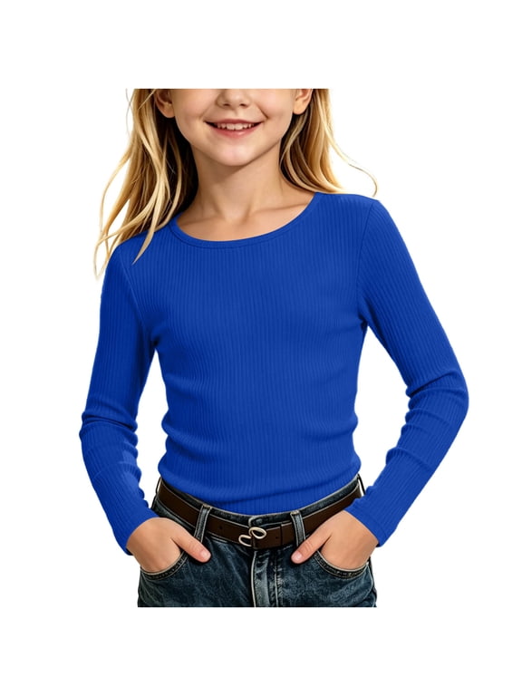 Girls Ribbed Knit Long Sleeve Top, Crew Neck Slim Fitted Stretchy Blouse, Soft Breathable Solid Basic Shirt, Versatile Daily Casual Layering Tee Match Jeans Blue,12-13Years