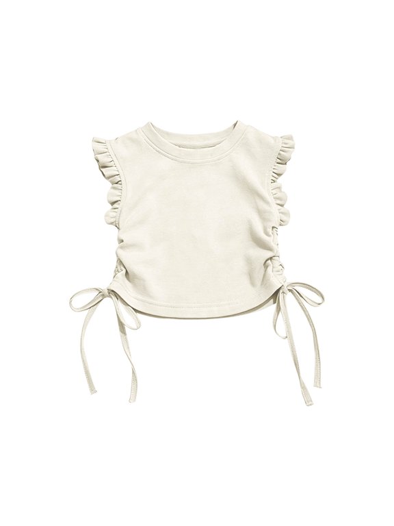Girls Ruffle Cap Sleeve Cropped Top, Round Neck Side Drawstring Adjustable Hem Slim Fit Blouse, Cute Casual Crop Tee Match High Waist Denim Bottoms White,7-8 Years