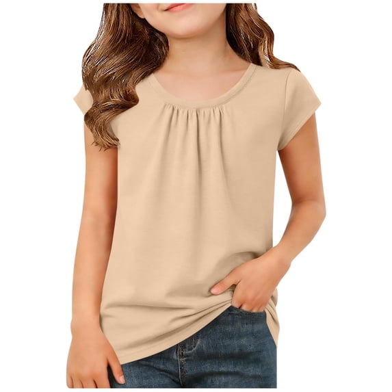 TtopsQueen Girls Short Sleeve Casual T Shirt, Round Neck Front Gathered Pleat Design Cap Sleeve Loose Fit Blouse, Soft Lightweight Daily Play Basic Top Match Denim Pants Khaki,7-8 Years