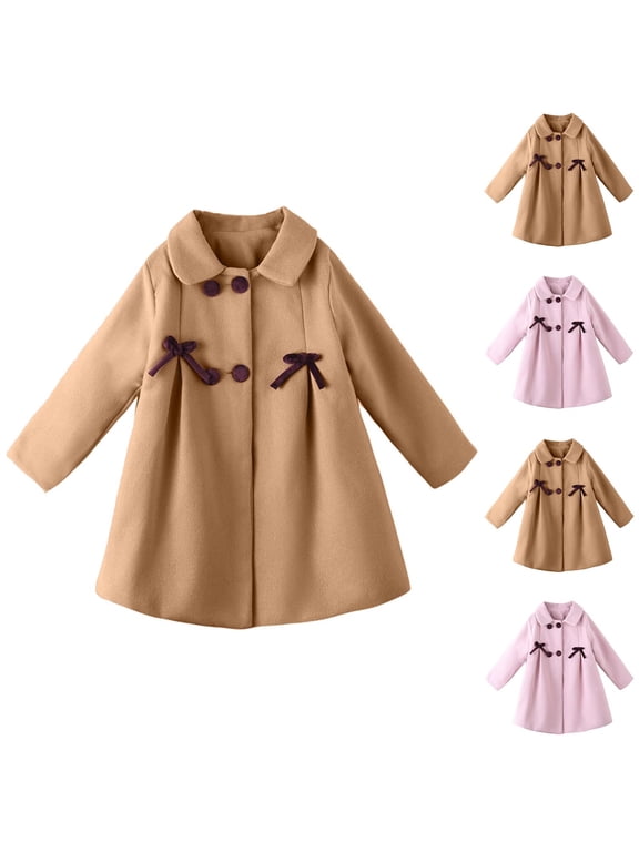 Girls Wool Blend Mid-Length Coat, Peter Pan Collar Double Breasted Jacket, Bow Decor A-Line Long Sleeve Dressy Outerwear For Party Occasions Khaki,2 Years