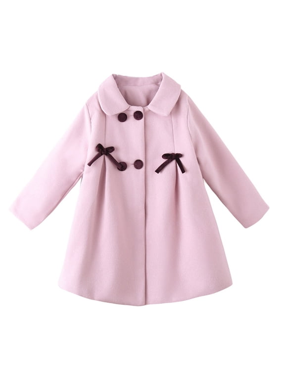 Girls Wool Blend Mid-Length Coat, Peter Pan Collar Double Breasted Jacket, Bow Decor A-Line Long Sleeve Dressy Outerwear For Party Occasions Pink,3 Years