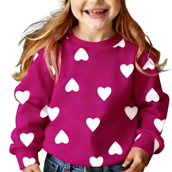 TtopsQueen Kids Crew Neck Long Sleeve Sweatshirt, All Over Heart Print Soft Fleece Pullover, Relaxed Fit Casual Daily Tops for Little Girls Outdoor Play School Wear Hot Pink,6-7Years