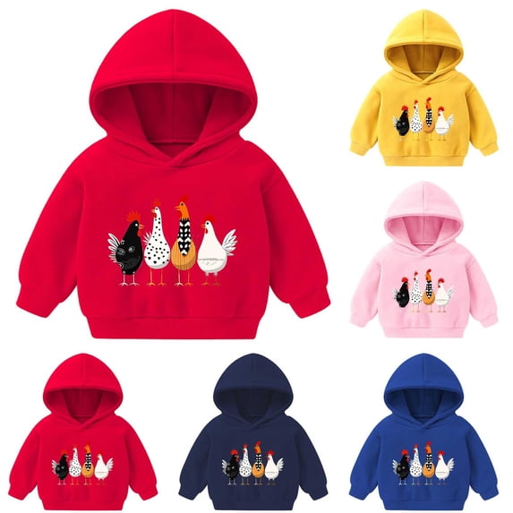 TtopsQueen Kids Cute Farm Chicken Graphic Hoodie Pullover, Long Sleeve Ribbed Cuff Hem Loose Fit Sweatshirt, Casual Daily School Fall Winter Hooded Top for Girls Blue,3 Years