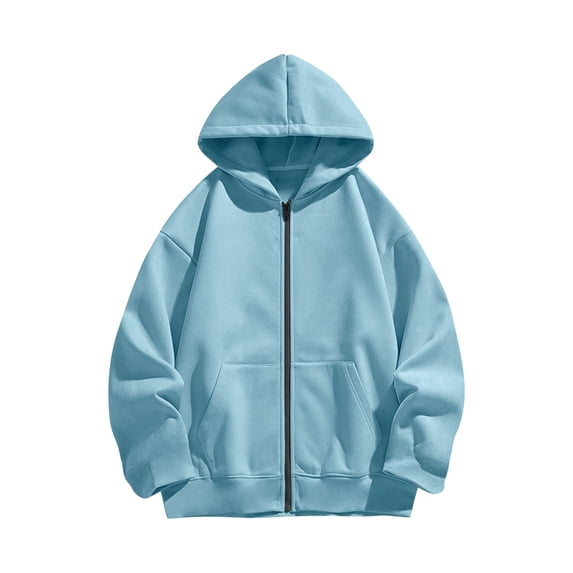 TtopsQueen Kids Full Zip Hooded Fleece Jacket, Oversized Long Sleeve Sweatshirt with Front Kangaroo Pocket, Warm Loose Casual Outerwear for Boys Girls Light Blue,13 Years