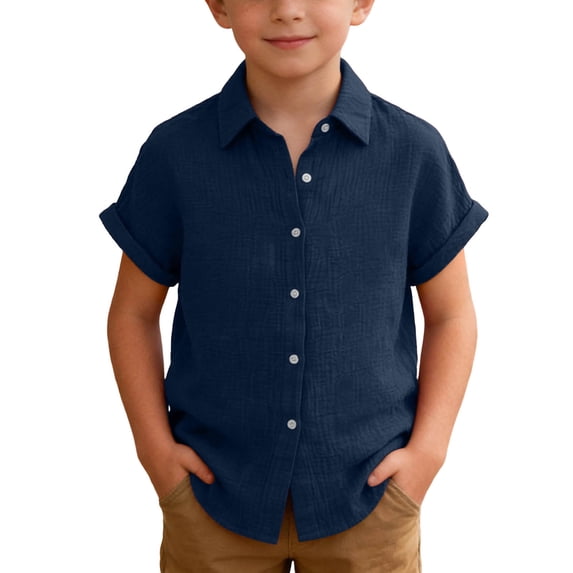 TtopsQueen Kids Lapel Collar Button Down Blouse, Cuffed Short Sleeve Crinkle Textured Shirt, Loose Lightweight Casual Daily Wear Top Navy,160