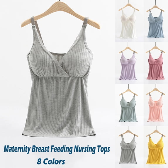 TtopsQueen Maternity Nursing Cami Tank Tops, V Cross Lace Trim Adjustable Strap Ribbed Sleeveless Shirts, Built In Bra Flowy Postpartum Daily Wear Vests Army Green,L