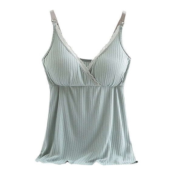 TtopsQueen Maternity Nursing Cami Tank Tops, V Cross Lace Trim Adjustable Strap Ribbed Sleeveless Shirts, Built In Bra Flowy Postpartum Daily Wear Vests Army Green,M