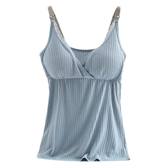 TtopsQueen Maternity Nursing Cami Tank Tops, V Cross Lace Trim Adjustable Strap Ribbed Sleeveless Shirts, Built In Bra Flowy Postpartum Daily Wear Vests Navy,M