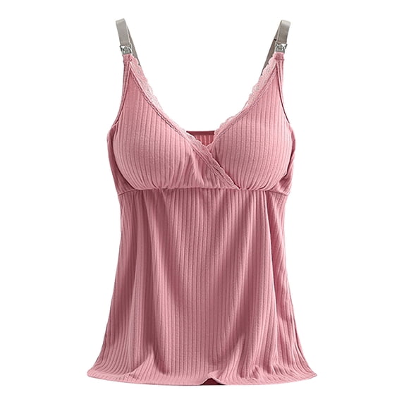 TtopsQueen Maternity Nursing Cami Tank Tops, V Cross Lace Trim Adjustable Strap Ribbed Sleeveless Shirts, Built In Bra Flowy Postpartum Daily Wear Vests Pink,L