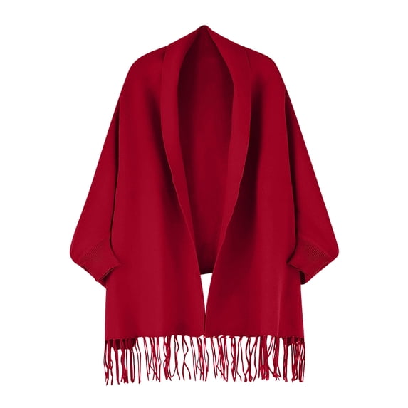 TtopsQueen Open Front Knit Poncho Cardigan with Ribbed Cuff Side Pockets Fringe Hem Soft Warm Wrap Shawl for Evening Daily Autumn Winter Layering Wine,Free Size