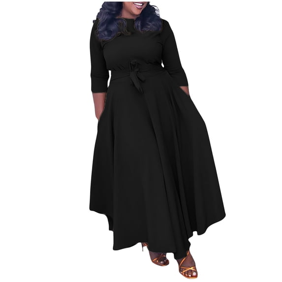 TtopsQueen Plus Size Women Bow Tie Neck Maxi Dress, Long Puff Sleeve A-Line Flowy Dress with Pockets, Elegant Formal Wedding Guest Party Gown Black,S